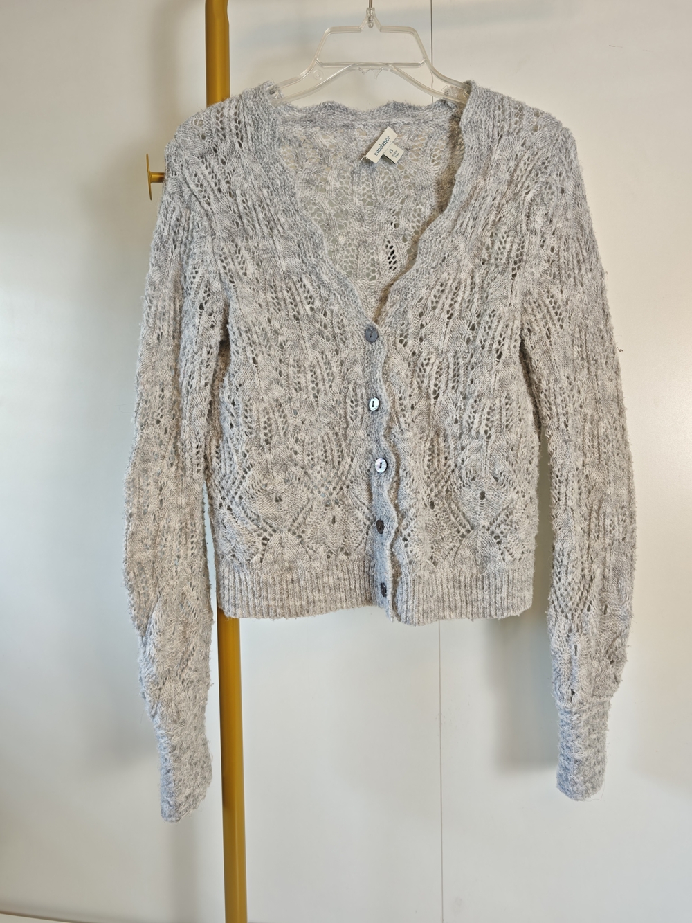 Minimalist Comfy Casual Sundance Light Gray Open-Knit Button Front Cardigan XS